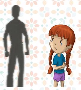 Desenho de criança chorando e sombra de homem ao fundo