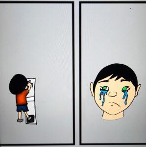 Ilustração de uma criança passando álcool em gel e outra chorando