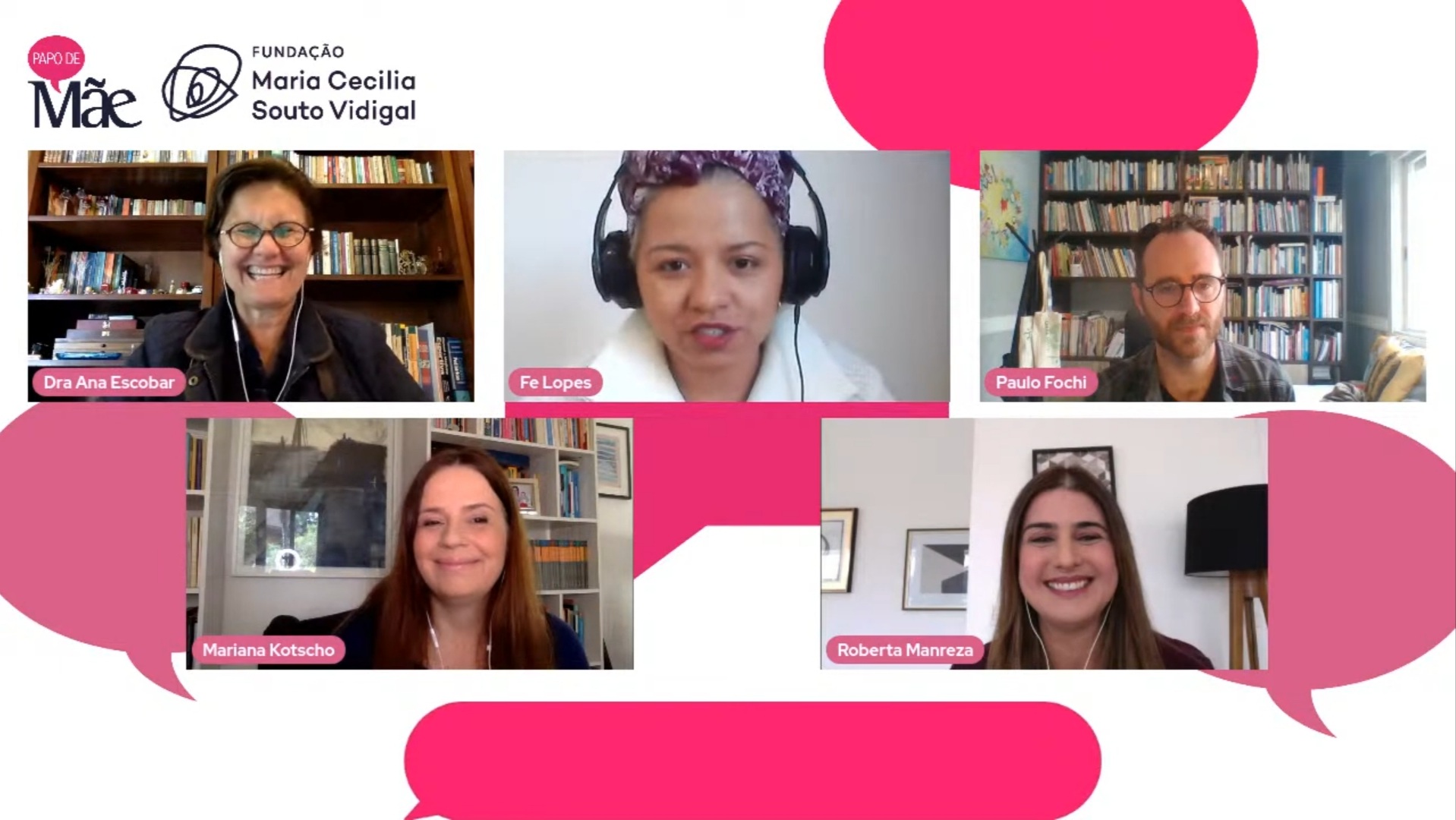 Mariana Kotsho, Roberta Manreza, Ana Escobar, Fernanda Lopes e Paulo Fochi durante live "Volta às aulas: e agora?"